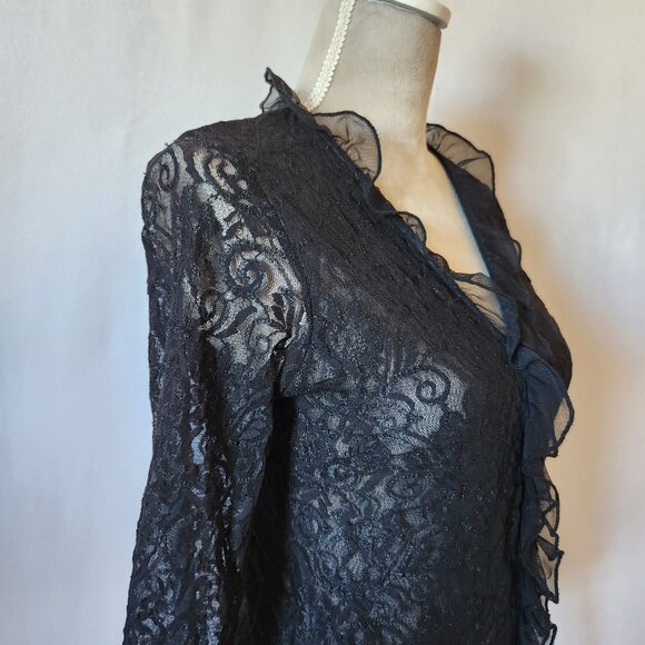Uniform John Paul Richard Women's Size M Black Sheer Ruffle Lace Faux Button Top - Picture 6 of 13